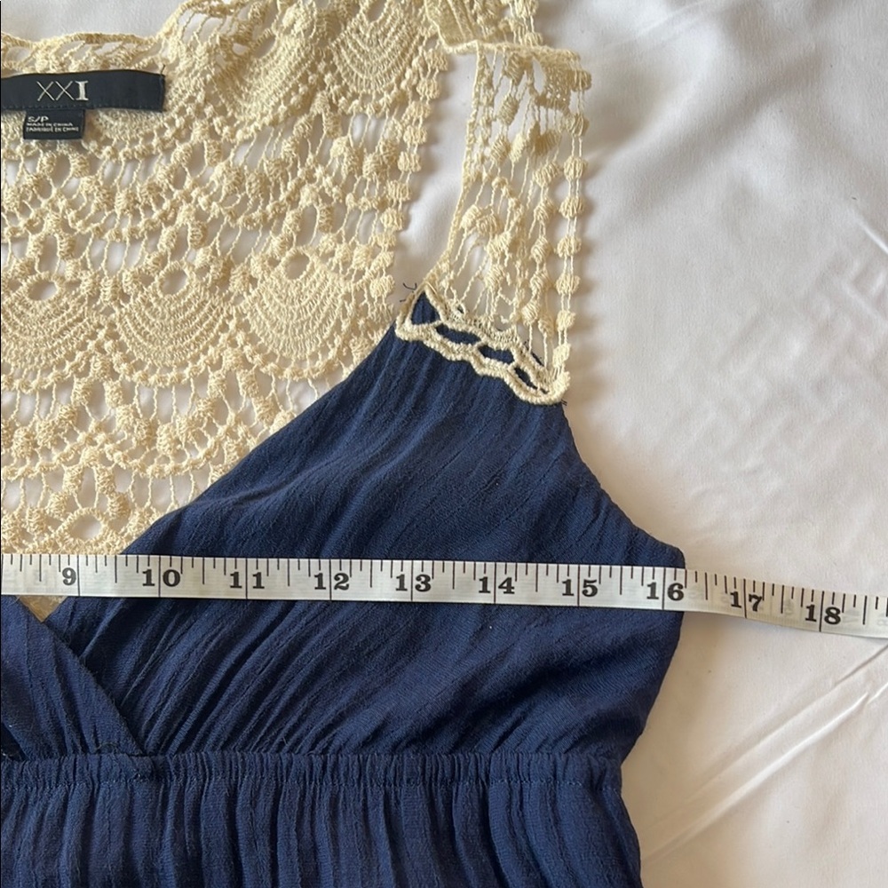 Forever 21 XX1Navy Maxi Sleeveless Lined Crochet Gauzy Viscose/Cotton Boho S EUC - Picture 5 of 8